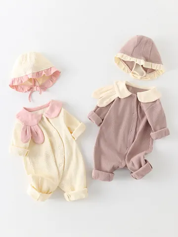 Infant Cotton Ribbed Romper And Matching Hat Rabbit Ear Peter Pan Collar Long Sleeve Snap Button Jumpsuit For Newborn Girls Boys