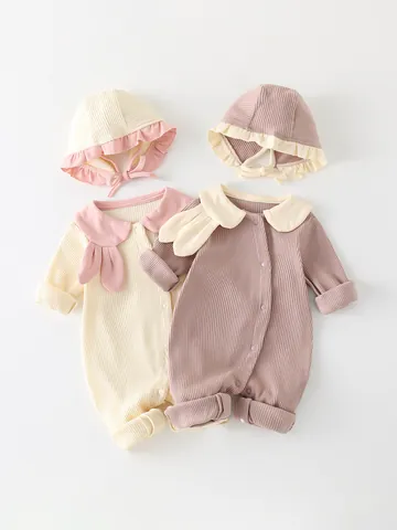 Infant Cotton Ribbed Romper And Matching Hat Rabbit Ear Peter Pan Collar Long Sleeve Snap Button Jumpsuit For Newborn Girls Boys