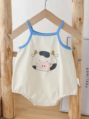 Summer Baby Sleeveless Cotton Romper Cartoon Cow Print Bodysuit With Snaps Contrast Trim For Infant Toddler Boys Clothes