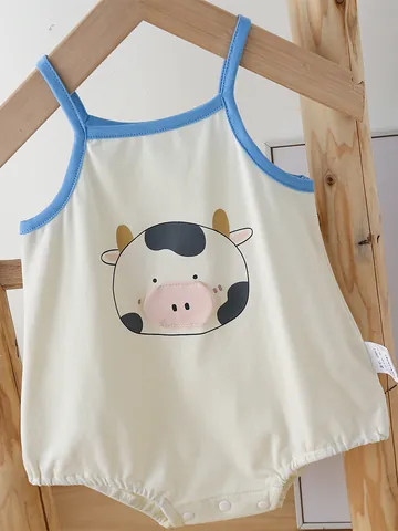 Summer Baby Sleeveless Cotton Romper Cartoon Cow Print Bodysuit With Snaps Contrast Trim For Infant Toddler Boys Clothes
