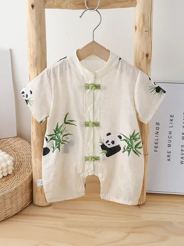 Chinese Style Baby Boy Romper Panda Bamboo Print Short Sleeve Newborn Jumpsuit Summer Thin Breathable Toddler Tang Suit