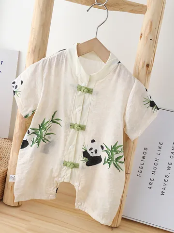 Chinese Style Baby Boy Romper Panda Bamboo Print Short Sleeve Newborn Jumpsuit Summer Thin Breathable Toddler Tang Suit
