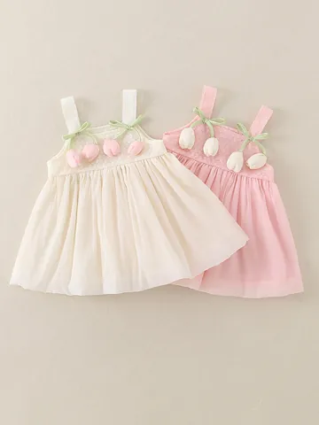 Vestido de Tirantes Pastoral de Verano para Niña Pequeña Tulipán 3D Volantes Sin Mangas Dulce Vestido de Princesa