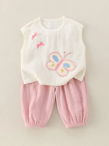 Conjunto de Ropa de Gasa de Muselina de Algodón de Verano para Niñas Top Sin Mangas Y Pantalones Largos Atuendos con Bordado de Aguacate