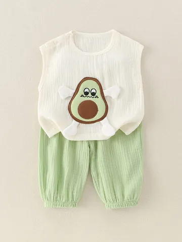 Conjunto de Ropa de Gasa de Muselina de Algodón de Verano para Niñas Top Sin Mangas Y Pantalones Largos Atuendos con Bordado de Aguacate