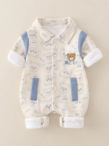 Baby Cotton Blend Long Sleeve Romper Cartoon Bear Printed Infant Lapel Jumpsuit For Spring Autumn Newborn Outwear Clothes