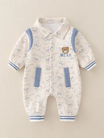 Baby Cotton Blend Long Sleeve Romper Cartoon Bear Printed Infant Lapel Jumpsuit For Spring Autumn Newborn Outwear Clothes