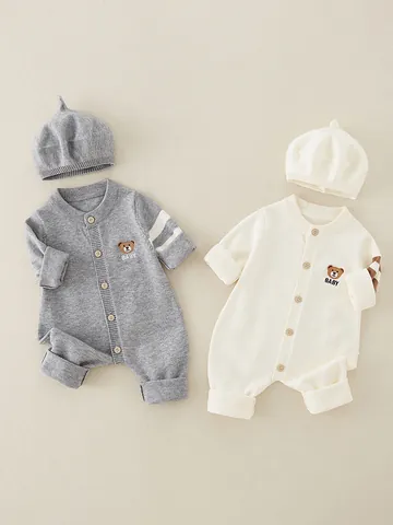 Baby Knitted Romper With Matching Hat Infant Autumn Winter Bear Embroidery Long Sleeve Jumpsuit For Newborn Boys Girls Clothing
