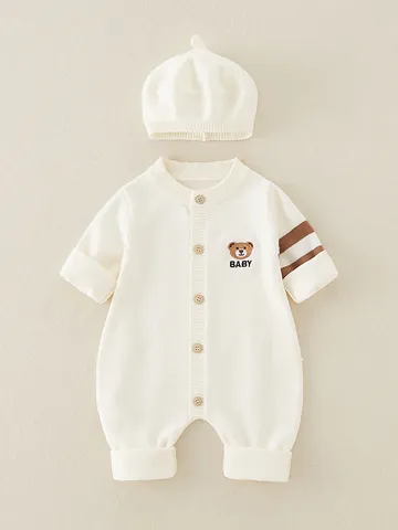 Baby Knitted Romper With Matching Hat Infant Autumn Winter Bear Embroidery Long Sleeve Jumpsuit For Newborn Boys Girls Clothing