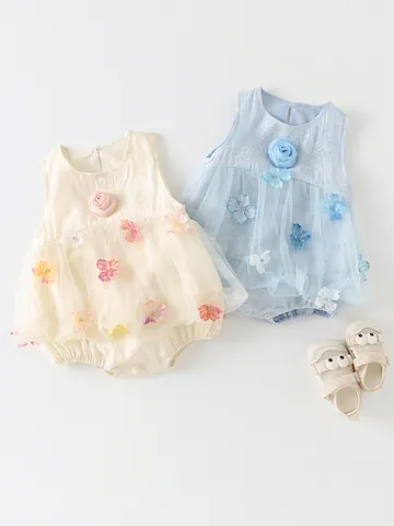 Baby Girl Summer Romper Dress Sleeveless Princess Tulle Mesh 3D Flower Petal Mesh Skirt Elegant Infant Bodysuit