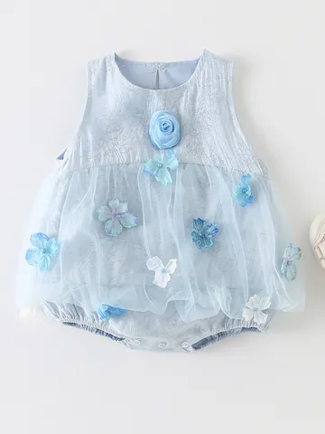 Baby Girl Summer Romper Dress Sleeveless Princess Tulle Mesh 3D Flower Petal Mesh Skirt Elegant Infant Bodysuit