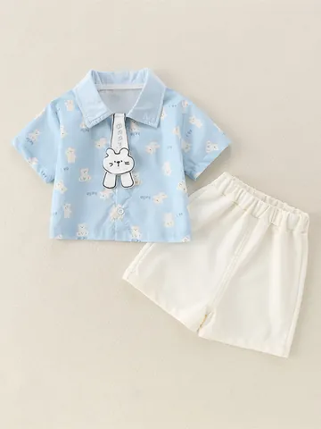 Abbigliamento Estivo per Neonati in Cotone Camicia a Maniche Corte e Pantaloncini con Stampa Orso Cartone Animato Completo