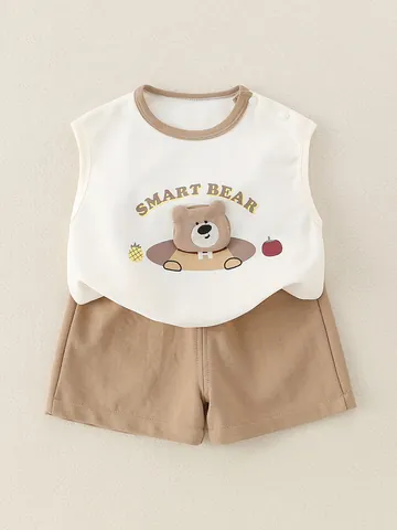 Kleinkind Jungen Sommer Ärmellos Tank Top Und Shorts Weiche Baumwolle Cartoon Ente Bär Baby Passende Outfit Kleidung