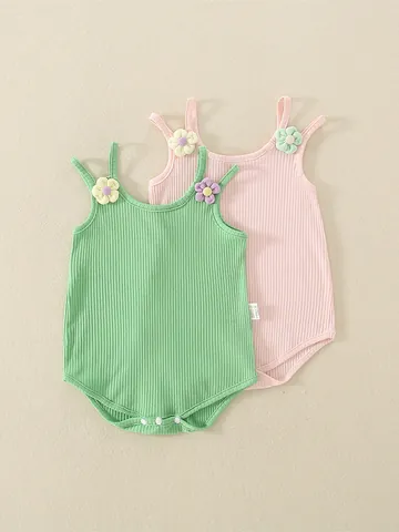 Summer Baby Girls Cotton Ribbed Romper 3D Knitted Flowers Spaghetti Strap Sleeveless Jumpsuit Newborn Infant Bodysuit Clothing