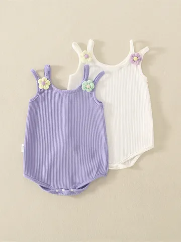 Summer Baby Girls Cotton Ribbed Romper 3D Knitted Flowers Spaghetti Strap Sleeveless Jumpsuit Newborn Infant Bodysuit Clothing