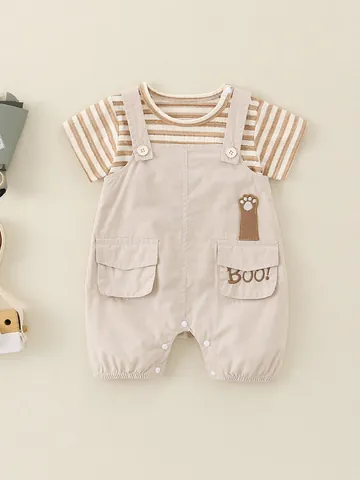 Infant Baby Summer Striped Short Sleeve T-Shirt And Khaki Suspender Jumpsuit Set Soft Cotton Modal Comfortable Daily Outfit