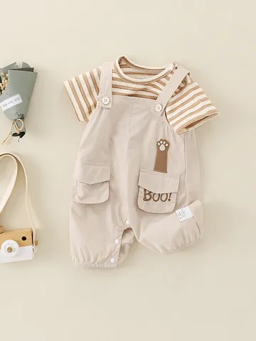 Infant Baby Summer Striped Short Sleeve T-Shirt And Khaki Suspender Jumpsuit Set Soft Cotton Modal Comfortable Daily Outfit