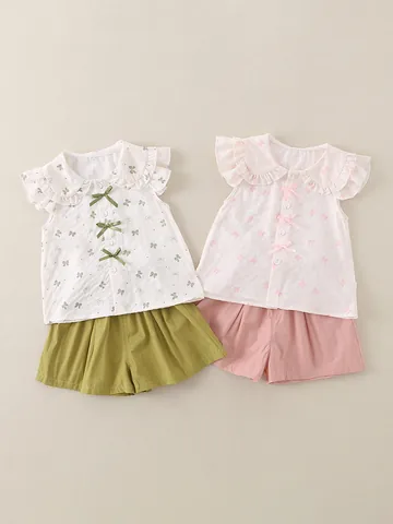 Kleinkind Mädchen Sommer Outfits Flatterärmel Top Und Shorts Süßes Schleifendruck Rüschenkragen Baumwollmischung Outfits