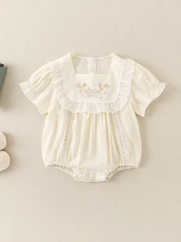 Baby Girl Floral Embroidery Cotton Romper With Ruffle Lace Square Collar Short Sleeve Bodysuit And Shoes Summer Clothing