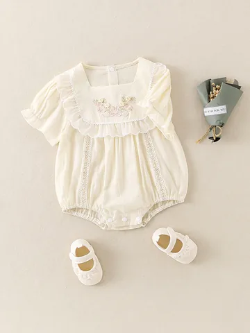 Baby Girl Floral Embroidery Cotton Romper With Ruffle Lace Square Collar Short Sleeve Bodysuit And Shoes Summer Clothing