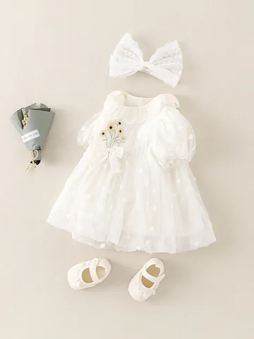 Baby Girl White Lace Tulle Romper Dress Set With Sunflower Embroidery Matching Headband And Shoes Princess Infant Bodysuit