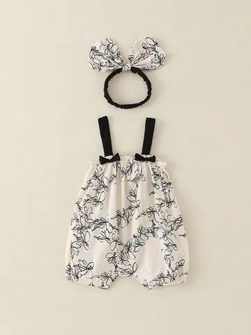 Baby Girls Summer Cotton Romper Set Floral Print Camisole Bodysuit With Bow Headband Sleeveless Thin A-Class Jumpsuit