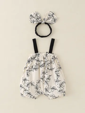 Baby Girls Summer Cotton Romper Set Floral Print Camisole Bodysuit With Bow Headband Sleeveless Thin A-Class Jumpsuit
