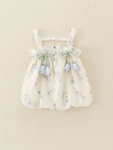 Baby Mädchen Sommer Blumen Trägerkleid Prinzessin Bubble Strampler Mit Tulpen Schleifen Deko Atmungsaktives Ärmelloses Outfit