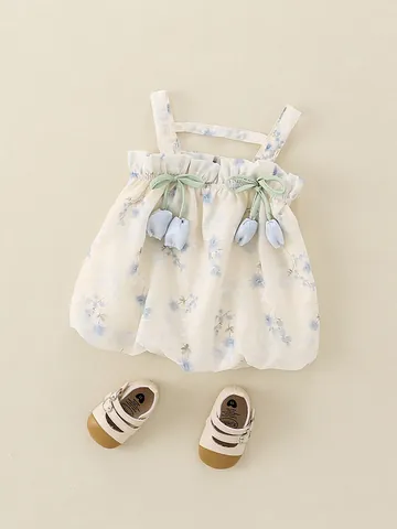 Baby Mädchen Sommer Blumen Trägerkleid Prinzessin Bubble Strampler Mit Tulpen Schleifen Deko Atmungsaktives Ärmelloses Outfit
