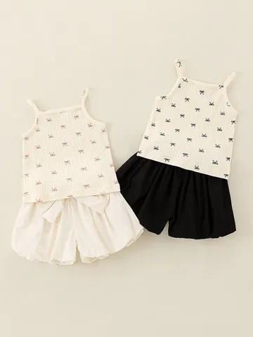 Conjunto de Ropa de Verano para Bebé Niña Top de Camisola Acanalado con Estampado de Lazos y Pantalones Cortos Bombachos