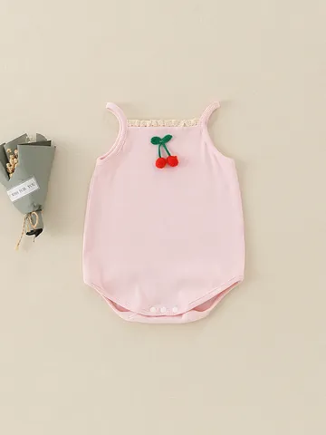 Infant Baby Girl Summer Romper Ribbed Cotton Pink Cherry 3D Decoration Lace Trim Sleeveless Bodysuit One-Piece Outfit