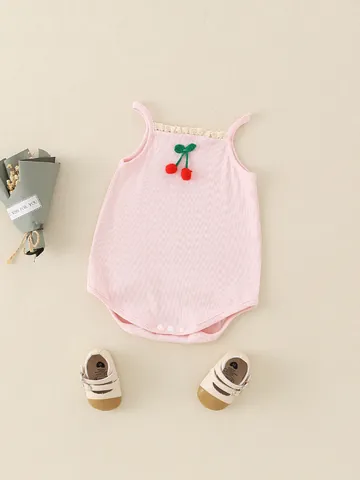 Infant Baby Girl Summer Romper Ribbed Cotton Pink Cherry 3D Decoration Lace Trim Sleeveless Bodysuit One-Piece Outfit