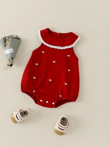 Baby Meisjes Mouwloos Katoenen Boxpakje Kant Peter Pan Kraag Strik Print Rood Zomer Jumpsuit Pasgeboren Romper Kleding