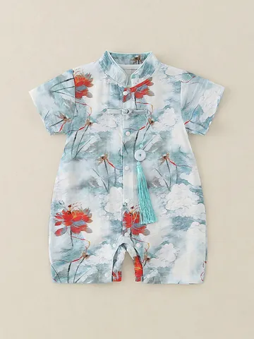 Chinese Style Baby Romper Short Sleeve Lotus Print Jumpsuit With Tassel Frog Button Soft Breathable Summer Bodysuit