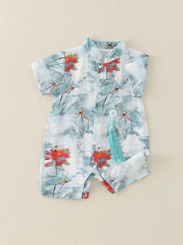 Chinese Style Baby Romper Short Sleeve Lotus Print Jumpsuit With Tassel Frog Button Soft Breathable Summer Bodysuit