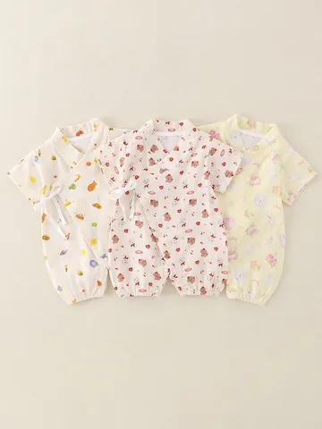 Grenouillère Jinbei pour Nouveau-Né en Gaze de Coton Manches Courtes Style Japonais Kimono Attache Latérale Vêtements d'Été Motif Soleil Ours Lapin