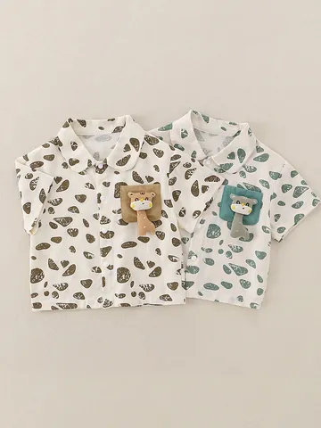 Boys Summer Short Sleeve Cotton Shirt Cartoon Giraffe Puppet Pebble Print Casual Breathable Baby Toddler Button Down Top