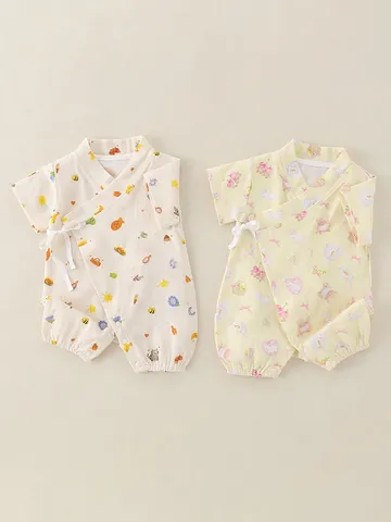Grenouillère Jinbei pour Nouveau-Né en Gaze de Coton Manches Courtes Style Japonais Kimono Attache Latérale Vêtements d'Été Motif Soleil Ours Lapin
