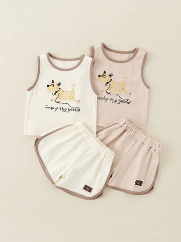 Completo Estivo in Cotone per Neonato Con Gilet e Pantaloncini Motivo Cane Cartone Animato Set Abbigliamento Senza Maniche