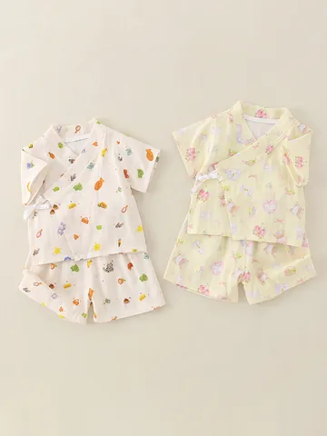 Infant Baby Pajama Top And Pants Cotton Gauze Kimono Side Tie Short Sleeve Cute Cartoon Soft Breathable Sleepwear Home Wear