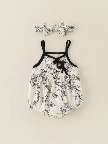 Barboteuse à Bretelles Été Style Chinois Imprimé Floral Pour Bébé Fille Avec Bandeau Et Chaussures Souples Coton