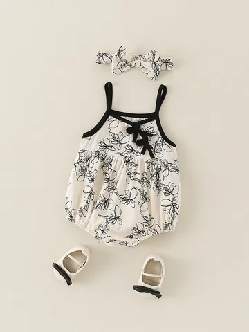 Barboteuse à Bretelles Été Style Chinois Imprimé Floral Pour Bébé Fille Avec Bandeau Et Chaussures Souples Coton