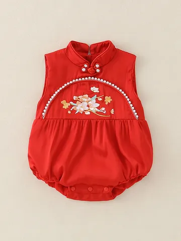 New Chinese Style Baby Girl Romper Satin Embroidery Artificial Pearl Cheongsam Sleeveless Jumpsuit For Summer Birthday Celebration Red