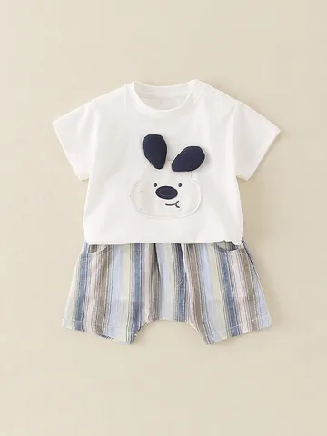Baby Kinder Sommerkleidung Kleinkind Kurzarm Baumwolle Weißes Top Mit 3D Hundemuster Und Gestreiften Shorts Freizeitkleidung