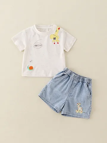 Toddler Summer Cartoon Giraffe T-Shirt And Denim Shorts T-Shirt And Shorts Korean Style Cotton Blend Baby Casual Outfit