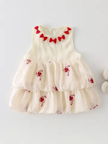 Vestido de Verano para Bebé Niña sin Mangas 100% Algodón Beige Falda de Capas Con Lazos Rojos Y Bordado Floral Vestido Dulce de Princesa