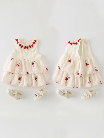 Vestido de Verano para Bebé Niña sin Mangas 100% Algodón Beige Falda de Capas Con Lazos Rojos Y Bordado Floral Vestido Dulce de Princesa