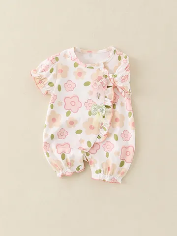 Baby Mädchen Sommer Baumwolle Kurzarm Blumen Strampler Kleinkind Süßer Blumendruck Jumpsuit Mit Schleifen Und Rüschen Neugeborene Kleidung