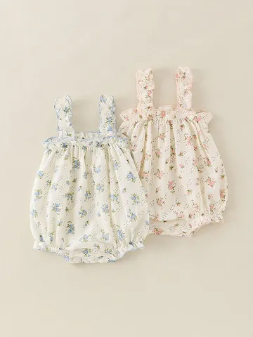 Infant Baby Girls Summer Floral Romper Sleeveless Ruffle Cotton Blend Bodysuit Sweet Pastoral Jumpsuit Snap Button Sunsuit