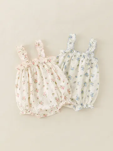Infant Baby Girls Summer Floral Romper Sleeveless Ruffle Cotton Blend Bodysuit Sweet Pastoral Jumpsuit Snap Button Sunsuit